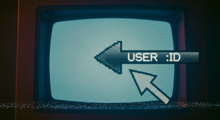 A nostalgic TV screen displays a user ID interface, reflecting the digital era with a retro aesthetic. The screen illuminates, drawing attention to a pointer indicating user interaction.