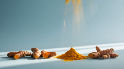 Bright Turmeric Still Life: Powder Falling on Roots and Ground Spice Against a Light Blue Background, Healthy Lifestyle and Alternative