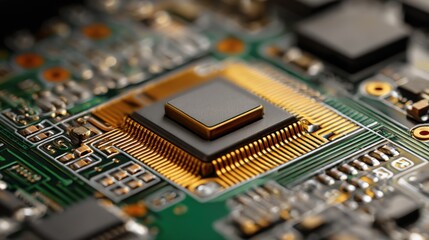 Microchip on a circuit board, representing advanced computer technology. High-tech component for digital data processing and electronic devices.