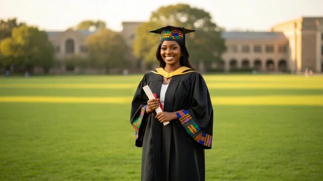 Portrait of a smiling Black African American female graduate wearing a kente pattern graduation cap and academic gown holding a diploma scroll on a university campus lawn.   