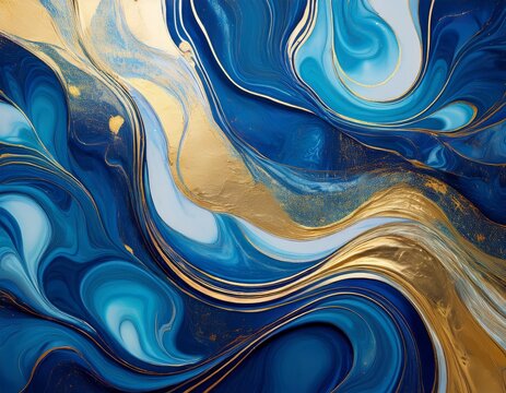 abstract blue and gold fluid art with swirling patterns and textures