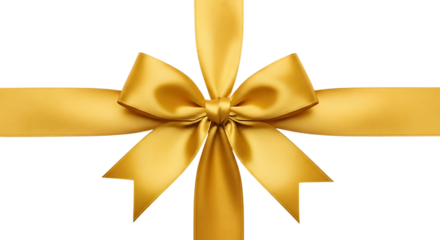 Golden satin ribbon bow isolated on transparent background