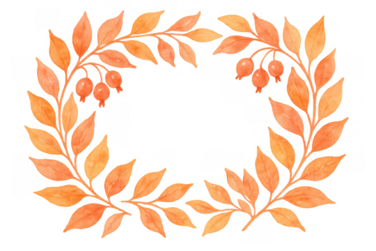 Autumn watercolor wreath with fall leaves and berries creating a decorative seasonal frame element