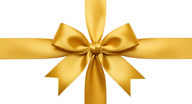 Golden satin ribbon bow isolated on transparent background