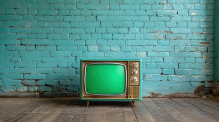 Retro television with green screen in an old room with a turquoise brick wall and wooden floor. Vintage media and entertainment concept with copy space.