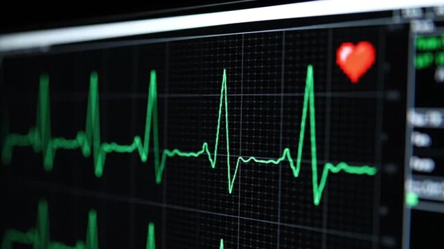 The ECG trace, rendered in vibrant green on a black monitor grid, shows the heart's electrical activity during the fifth second of the video, confirming a stable rhythm next to a digital red heart ic