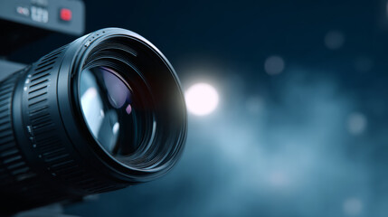 Close-up of professional camera lens with reflections and bokeh light effects in dark studio environment