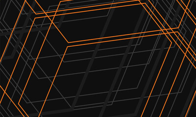 Black abstract modern background with gray and orange geometric lines and outlines. Vector illustration