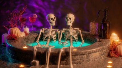 Two skeletons relaxing together in a hot tub, surrounded by Halloween decorations and cocktails for spooky season fun.