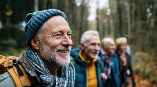 Senior man enjoying a hike with friends in the woods. Group of happy mature people walking outdoor. Active lifestyle and healthy aging concept.
