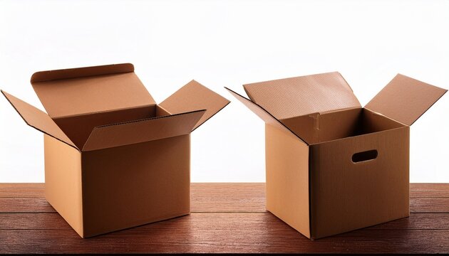 two large brown cardboard boxes with flaps down and open on a wooden table - Powered by Adobe