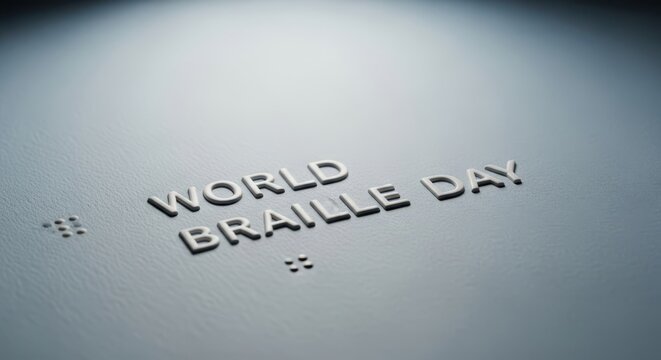 World braille day text embossed on a dark surface, representing accessibility and inclusion