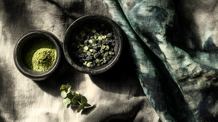 Closeup shot of two small bowls with green tea powder and leaves.