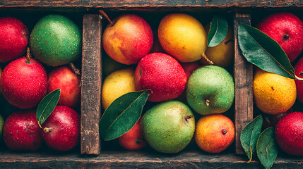 Colorful assortment of fresh apples in wooden crate healthy food.