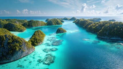 Stunning aerial view of tropical islands in crystal clear turquoise water. Exotic travel destination and nature conservation concept.