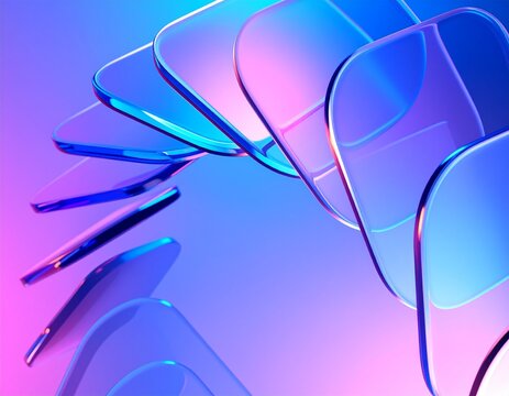 Glass square shapes dynamic 3d background. Holographic transparent block row with purple blue gradient, speed effect. Abstract geometric bg with crystal light hologram curve wave. 3D illustration
