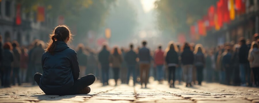 Woman sits alone on cobblestone street. Crowd of people walks blurred in background. Concept of loneliness isolation facing society pressure or social distancing.