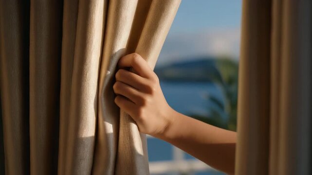 Hand pulling open curtains to let bright daylight flood a room &mdash; concept of fresh start, morning routine, home wellness, natural light inspiration, and lifestyle interior photography. cinematic