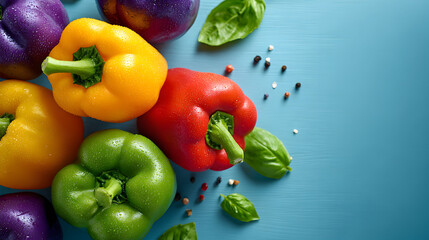 Colorful bell peppers arranged on a vibrant blue surface.