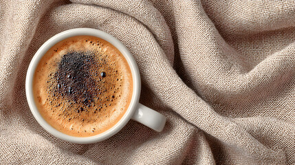 Coffee cup on a beige blanket top view warm beverage.
