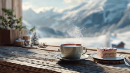 Steaming cup of hot drink with slice of cake on a wooden table overlooking snowy mountain landscape for winter warmth