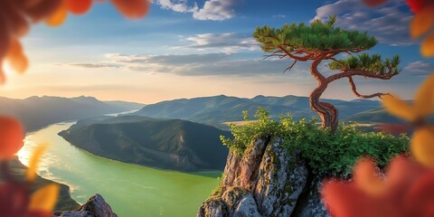Twisted pine tree stands on a rocky cliff overlooking river and distant mountains