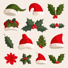 Collection of Christmas Hats, Holly Leaves, and Poinsettias for Festive Seasonal Decorations and Creative Designs