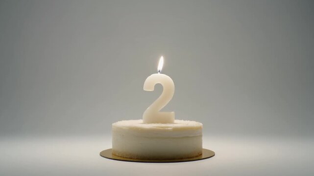 Second Birthday Cake with Number Two Candle Lit.