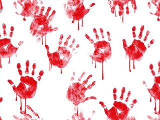 Red handprints on a white background create a striking pattern of horror and suspense for creative projects and artistic endeavors