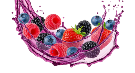 Fresh mixed berries splashing in purple liquid isolated on transparent background