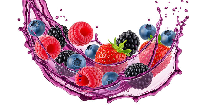 Fresh mixed berries splashing in purple liquid isolated on transparent background