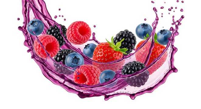 Fresh mixed berries splashing in purple liquid isolated on transparent background - Powered by Adobe