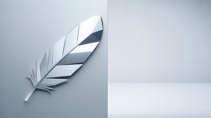 Abstract Metallic Feather on Light Gray Background with Copy Space for Text or Product Placement, Minimalist Design