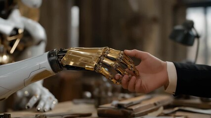 Human and robot hands working together to repair antique mechanical watch on workbench — concept of precision craftsmanship, symbolic cooperation of human and machine, and preservation of