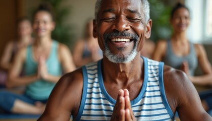 Senior african man practices yoga at group session. He smiles with hands together. People meditate on background. Heathy lifestyle practice improves physical and mental health with exercise.