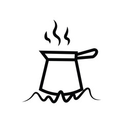 Black turkish coffee pot steams on heat waves in a bold line art illustration on white background