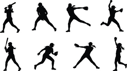 Silhouette of women playing softball with bat and glove, throwing, catching, and pitching ball vector illustration for sports activity concept.