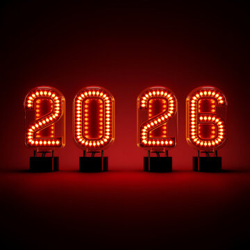 Four glowing nixie tubes displaying the year 2026 silhouette