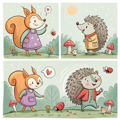 Adorable squirrel and hedgehog explore whimsical forest together.
