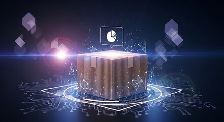 Innovative logistics technology concept showing a smart parcel with data analytics for automated supply chain efficiency and global distribution