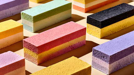 Colorful layered rectangular desserts vibrant and appetizing artistic presentation.