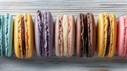 Colorful Macarons Arranged in a Row on a Wooden Surface.