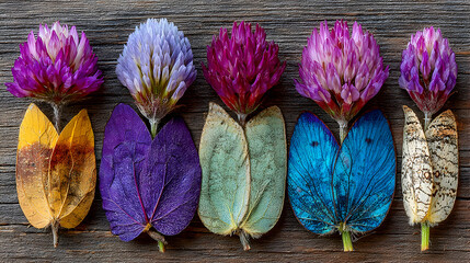 Colorful floral arrangement of vibrant petals and blossoms on wooden surface.