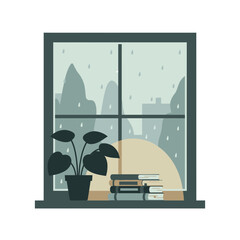 Cozy Rainy-Day Window View with Books and Plant – Minimal Flat Vector Illustration
