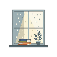 Cozy Rainy-Day Window View with Books and Plant – Minimal Flat Vector Illustration