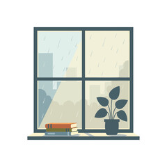 Cozy Rainy-Day Window View with Books and Plant – Minimal Flat Vector Illustration