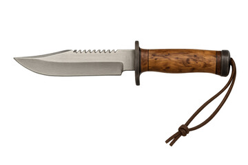 Outdoor survival knife featuring a sharp serrated steel blade, contoured wooden handle, and leather lanyard, ready for action