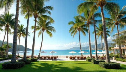Palm trees stand on green lawn near sandy beach with calm turquoise sea. Sun loungers, umbrellas on shore. Luxury resort with modern building near palm grove. Mountains in background under blue sky.