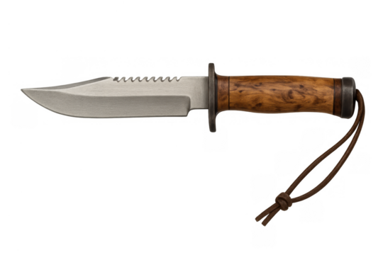 Outdoor survival knife featuring a sharp serrated steel blade, contoured wooden handle, and leather lanyard, ready for action