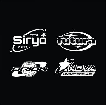 Futuristic Space Logo Set &ndash; Tech Siryo, Futura, Orion, Nova Underground &ndash; Sci-Fi Branding Icons on Black Background